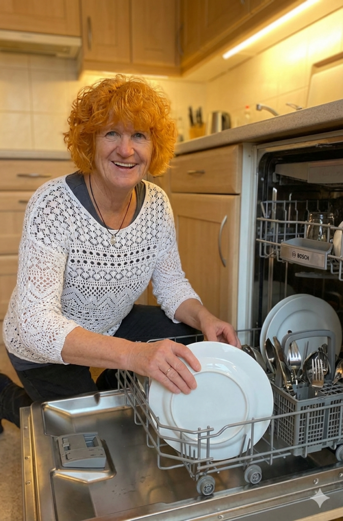 Seniorenfreundliche Haushaltsgeräte. Das Bild zeigt mch beim Einräumen einer Bosch Geschirrspülmaschine