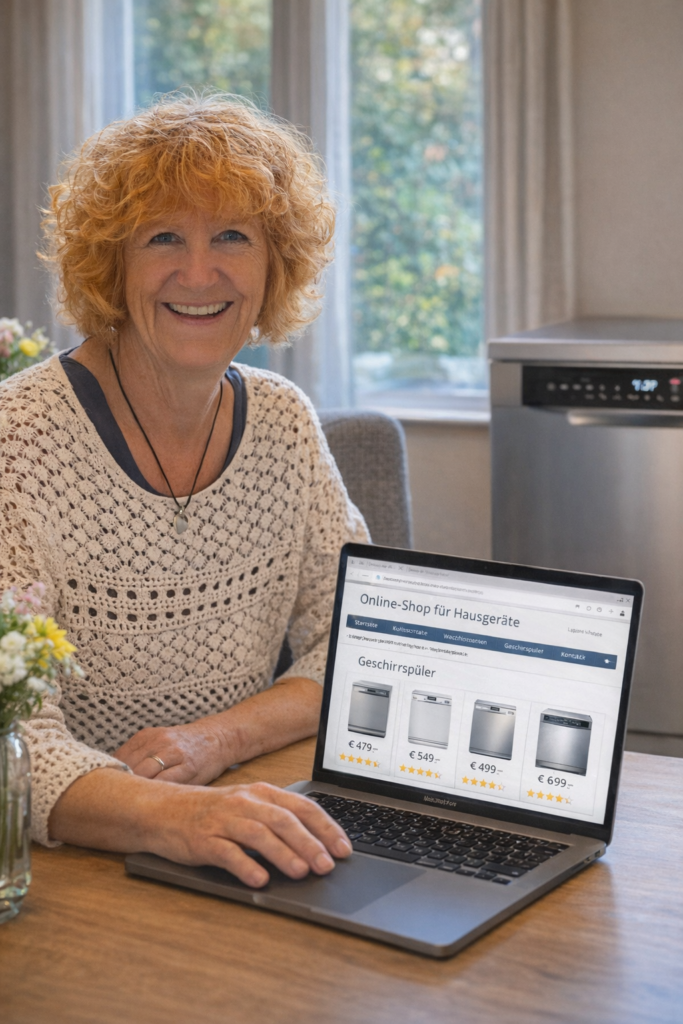 Im Siemens Online-Shop bestellen: Seniorin sitzt am Laptop, der Bildschirm zeigt die Schritt-für-Schritt-Anleitung für Hausgeräte